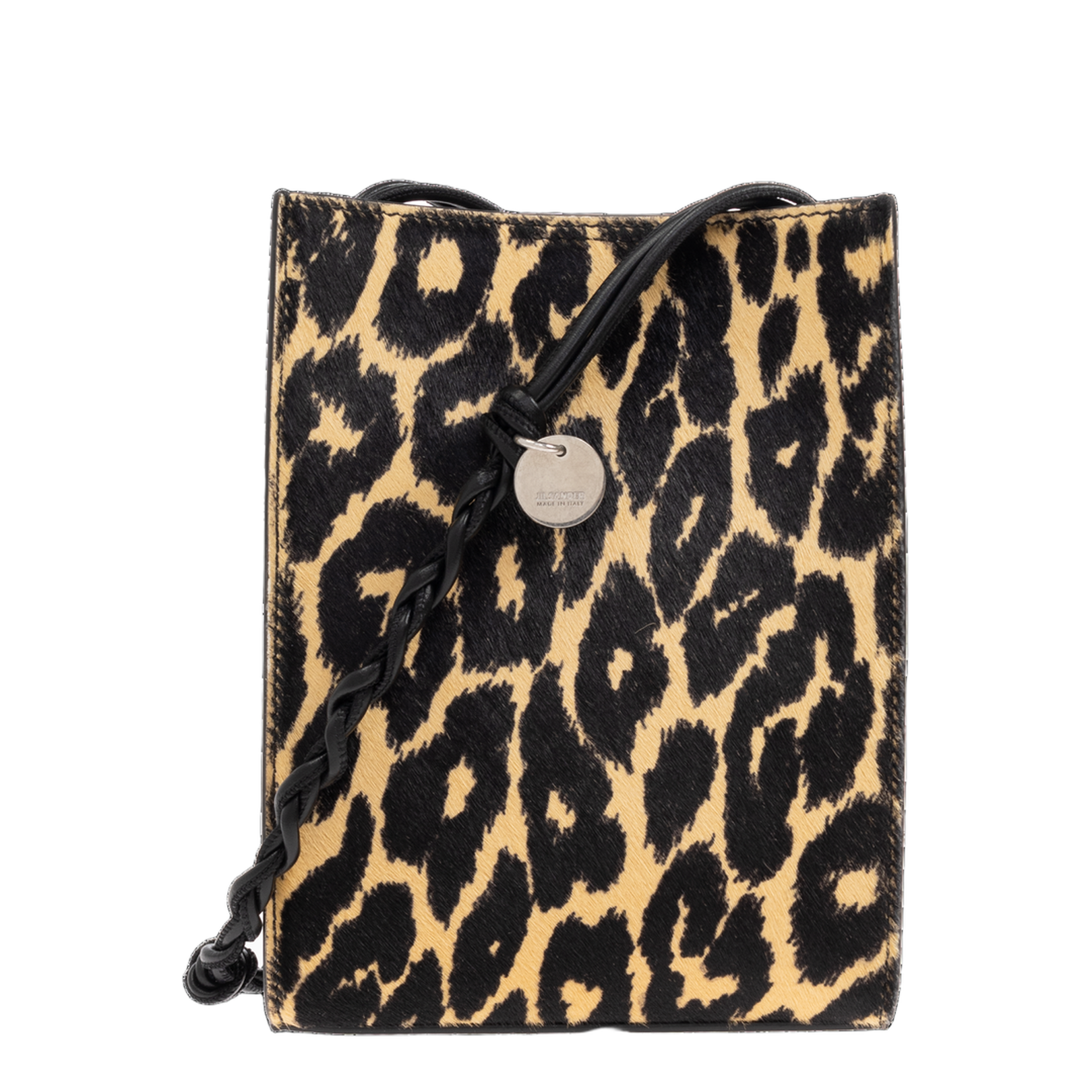Bag made of high-quality calfskin or exquisite fur-textured leather with a smooth black woven leather shoulder strap and a silver round badge featuring a designer emblem.