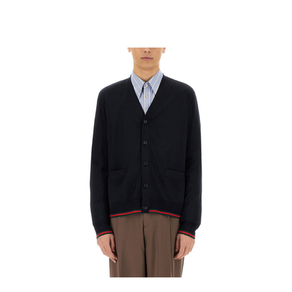 Wool Knit Cardigan with Web in Dark Blue