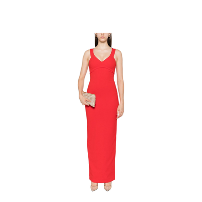 Red Sleeveless Design V-Neckline Fitted Bodice Maxi Length Straight Skirt
