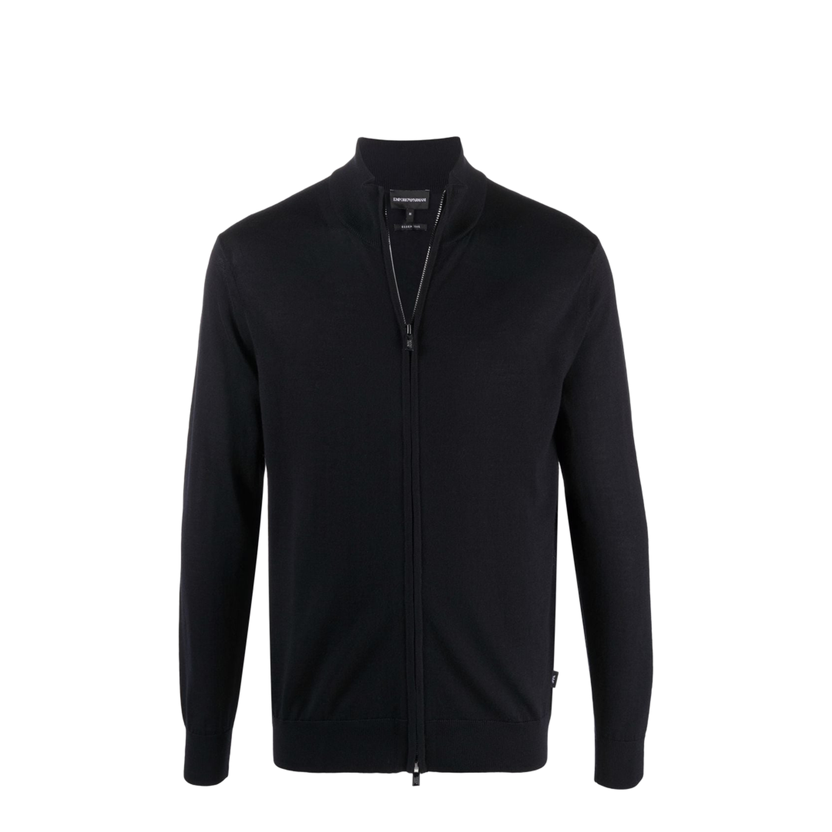 Navy-Blue Virgin Wool Fine Knit High Neck Front Zip Fastening Long Sleeves Cardigan