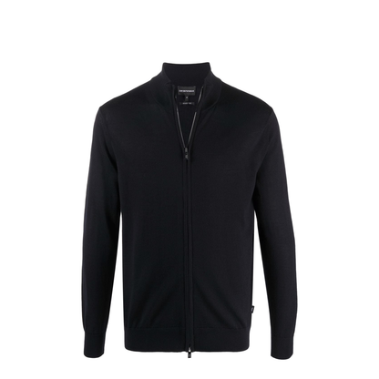 Navy-Blue Virgin Wool Fine Knit High Neck Front Zip Fastening Long Sleeves Cardigan