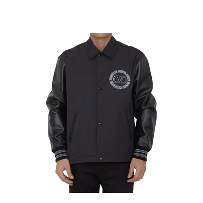 Black Leather Sleeves Nylon Bomber