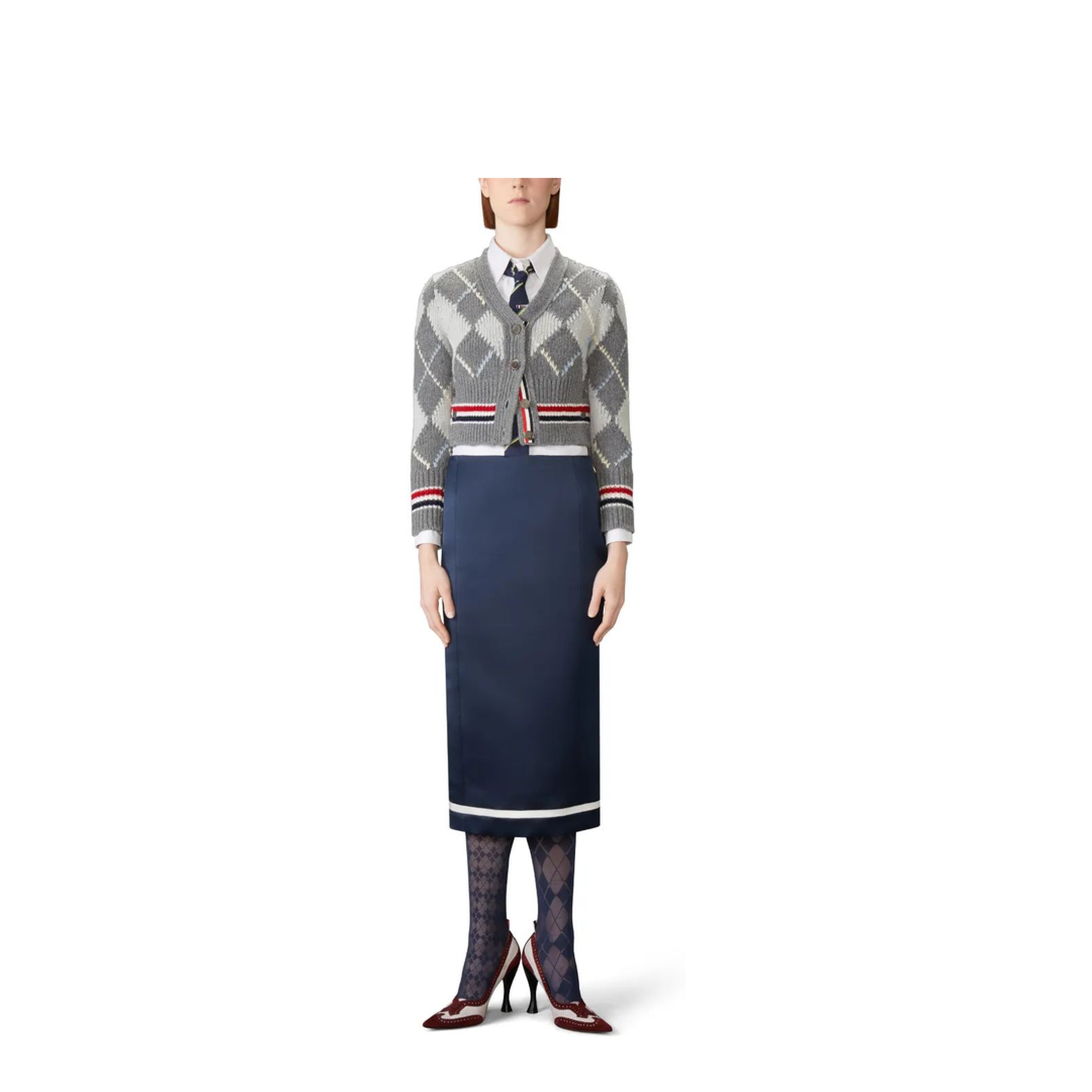 MAYFEYR - Thom Browne - Argyle Jersey Intarsia Shrunken V Neck Cardigan In Chunky Merino Wool W/ Rwb Stripe - FKC679AY1029982