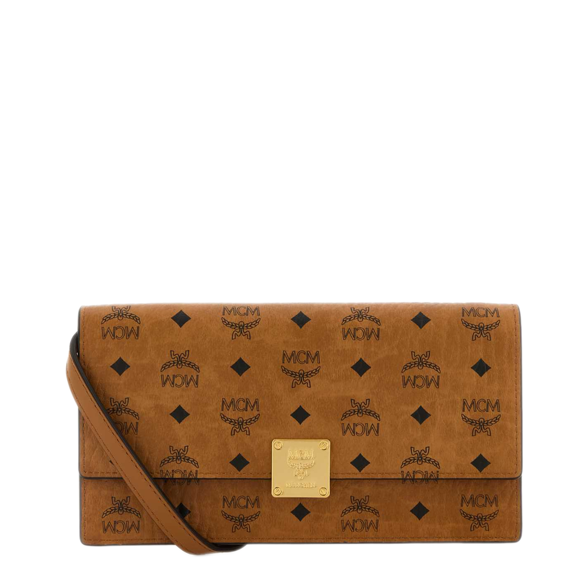 MCM Aren Visetos Crossbody Wallet With Detachable Strap in Cognac