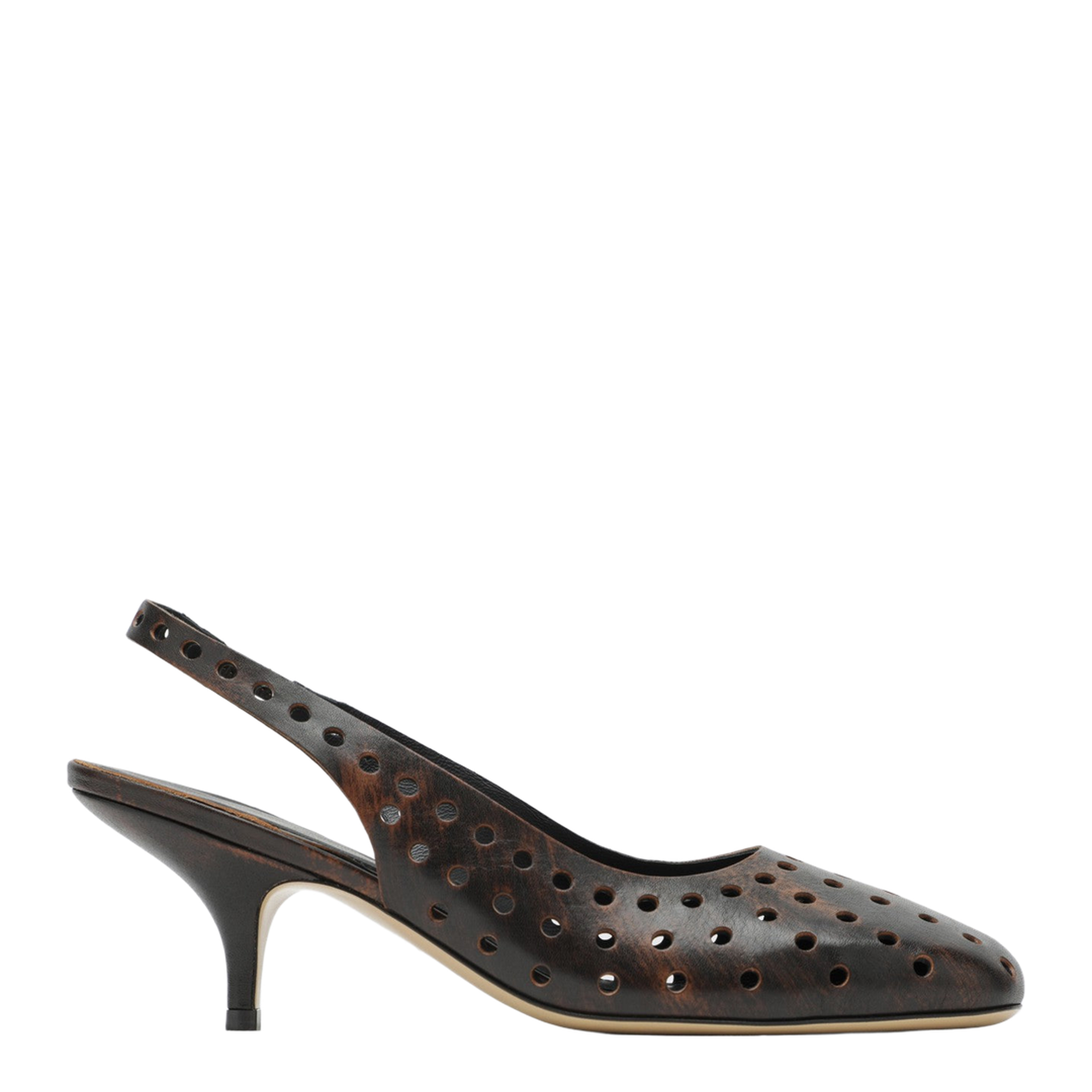 Brown Aged Leather Perforated Slingback Shoes