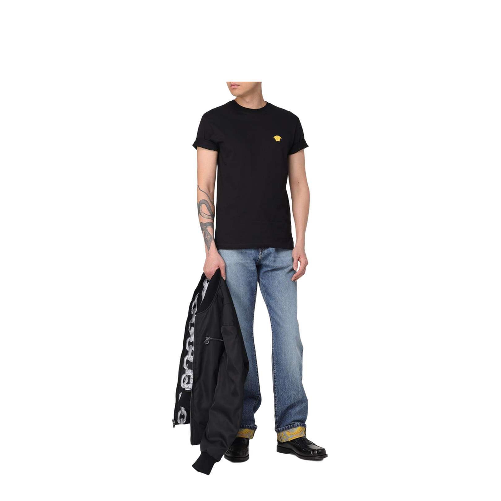 Black Crewneck T-Shirt with Medusa Embroidery