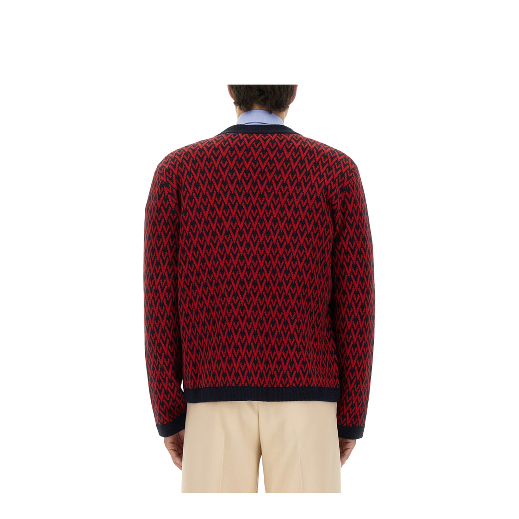 Navy and Red Wool V-Pattern Cardigan