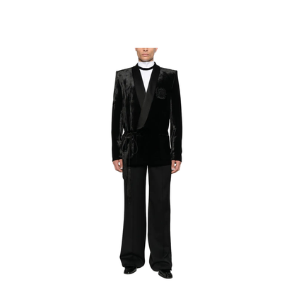 Velvet & Satin Side Belted Jacket with Tassel