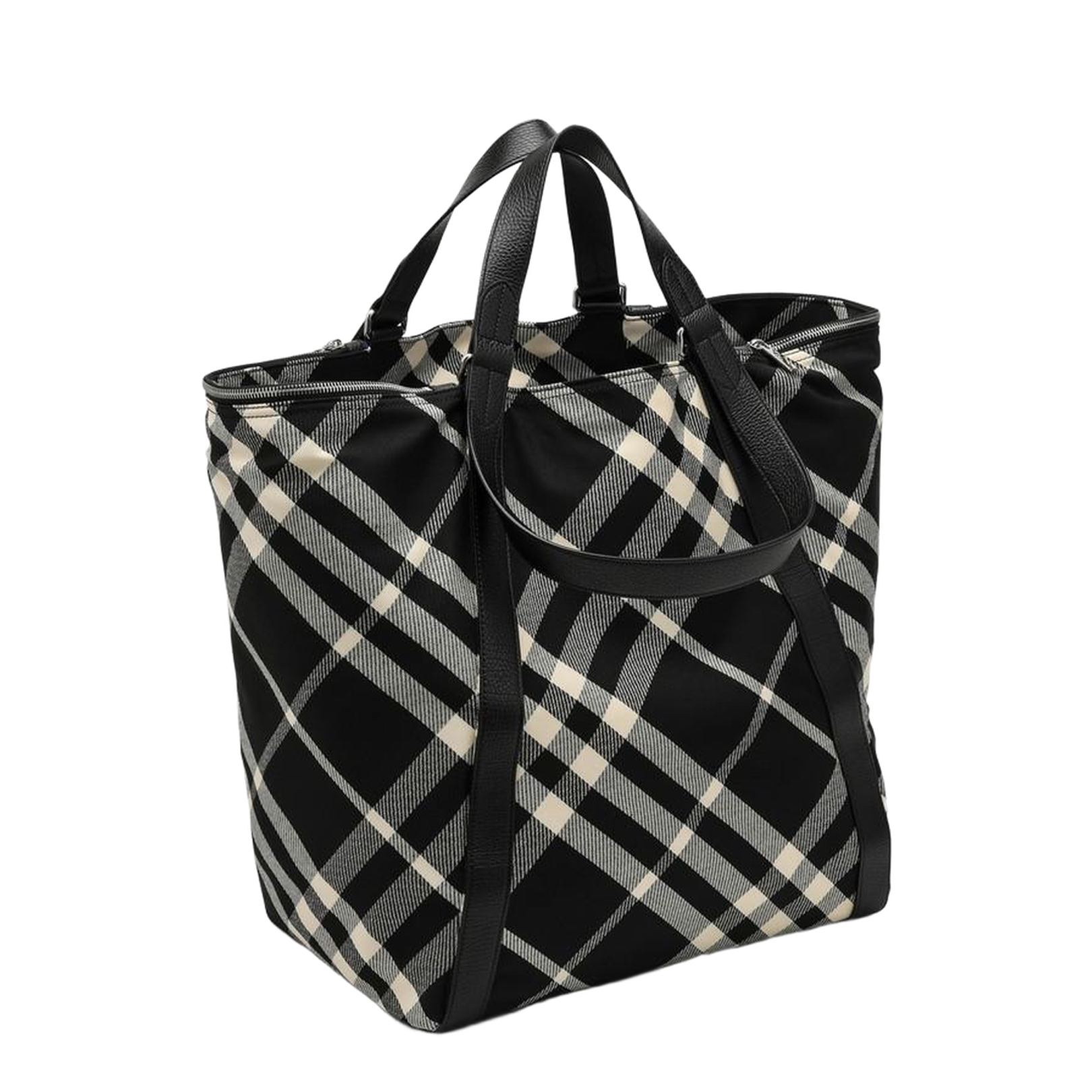 Black Calico Cotton-Blend Tote Bag with Check Pattern