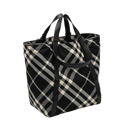 Black Calico Cotton-Blend Tote Bag with Check Pattern