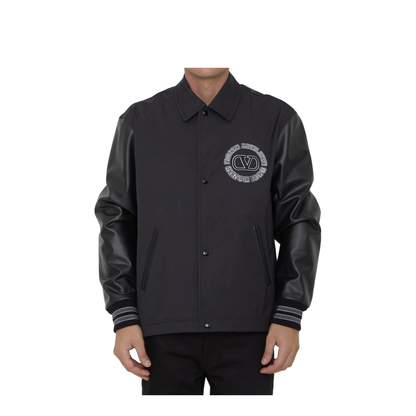 Black Leather Sleeves Nylon Bomber