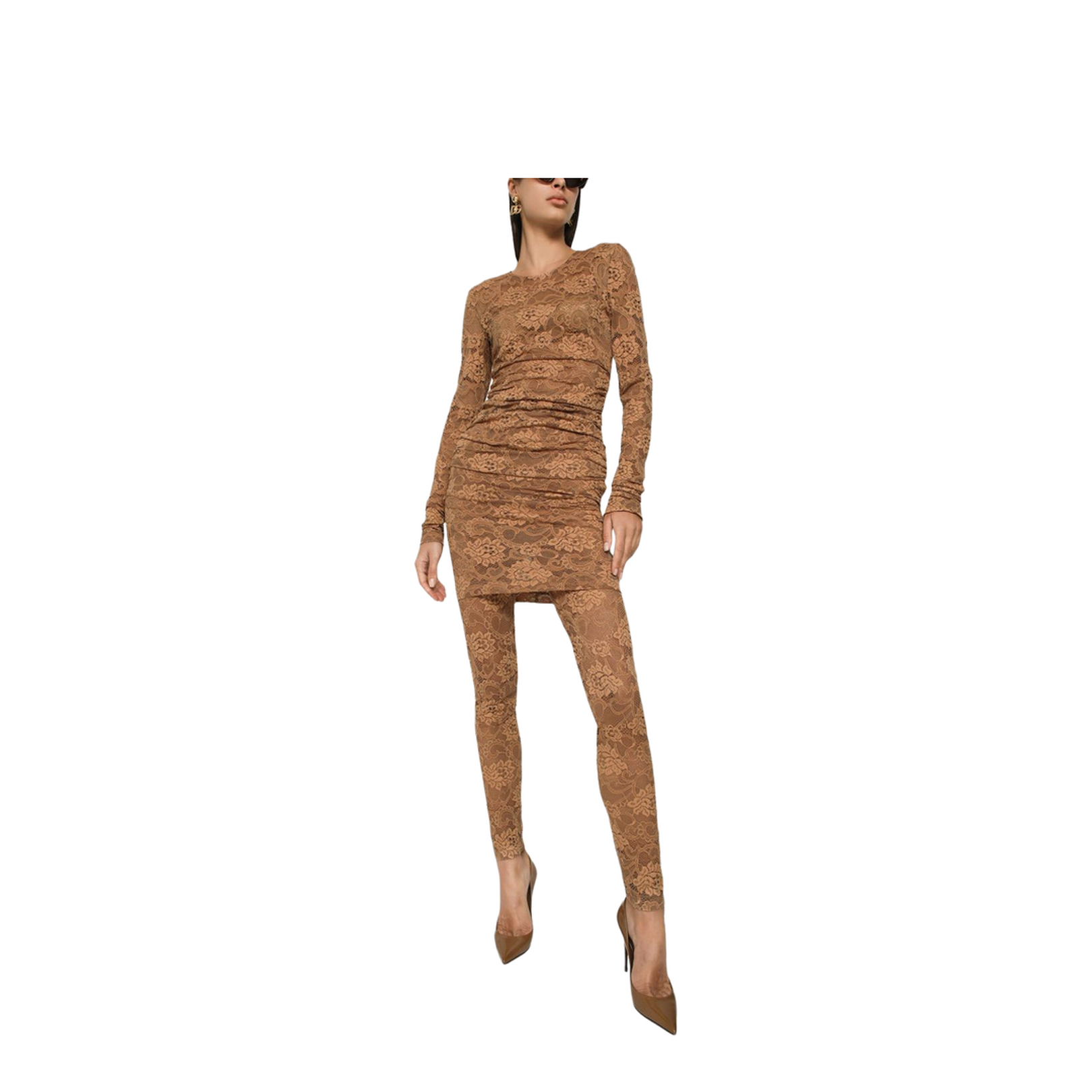 Short Floral Lace Dress in Beige