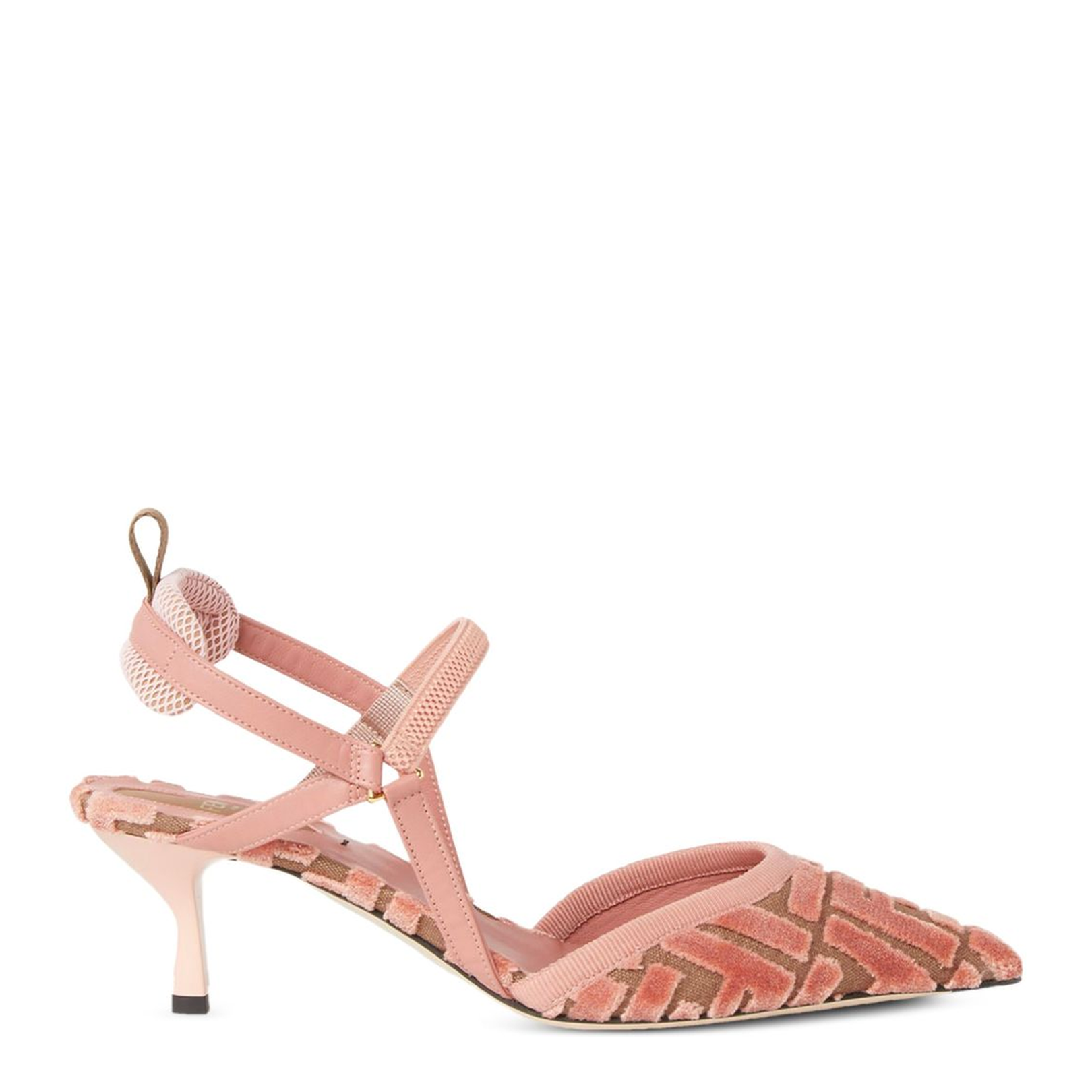 Pink Leather FF-Pattern Slingback Strap Pointed Toe Kitten Heel