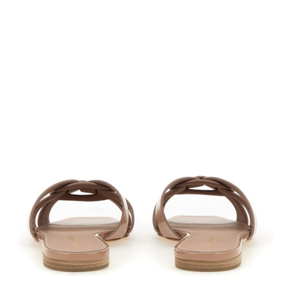 Powder Pink Leather Patent Finish Square Open Toe Multi-Way Strap Design Flat Sole Slip-On Style