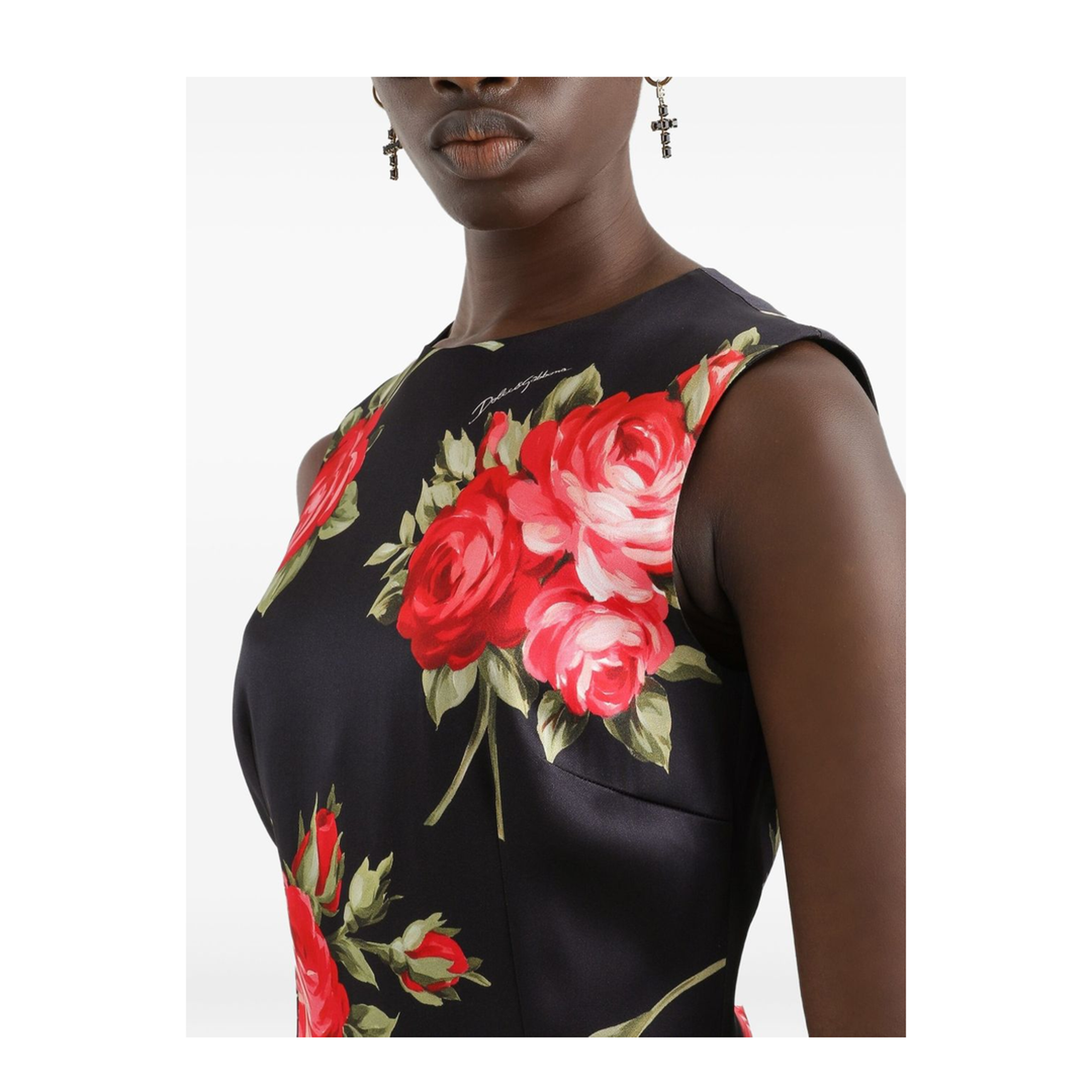 Bouquet Rose Print Satin Midi Dress