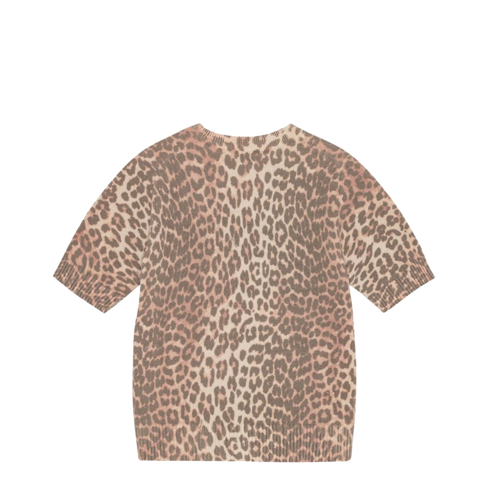 Beige Crew Neck Short Sleeves Leopard Print Ribbed Trim