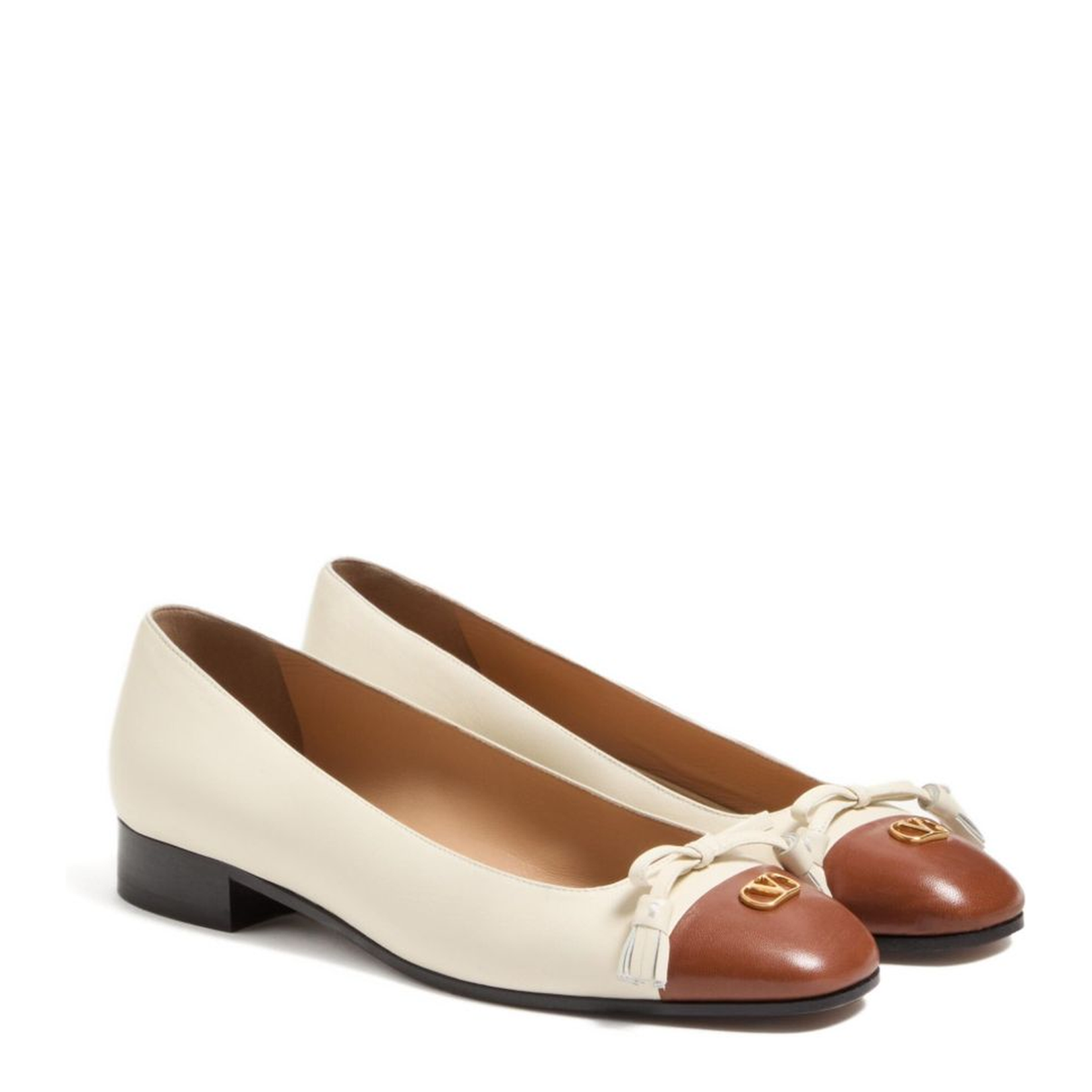 Off-White Brown Leather Toe Cap Tassel Detailing Gold-Tone Logo Accent Low Block Heel