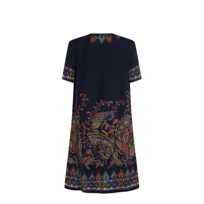 Blue Paisley-print Habotai Silk Tunic Short Dress