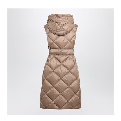 Camel Belted Sleeveless Down Jacket
