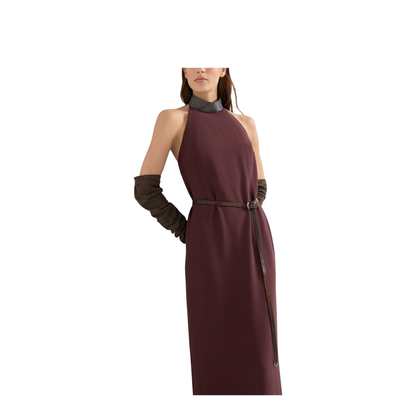 Burgundy Halter Neck Embellished Neckline Sleeveless Maxi Dress