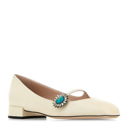 Light Beige Side Touch-Strap Fastening Square Toe Ballet Flats