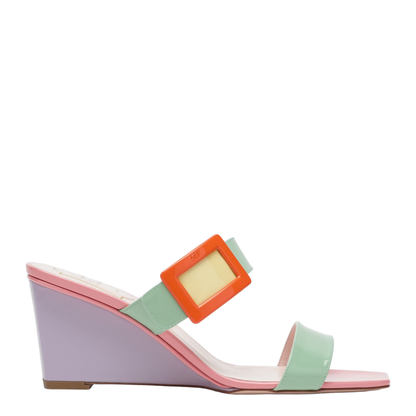 Belle Vivier wedge mules in green/purple patent leather