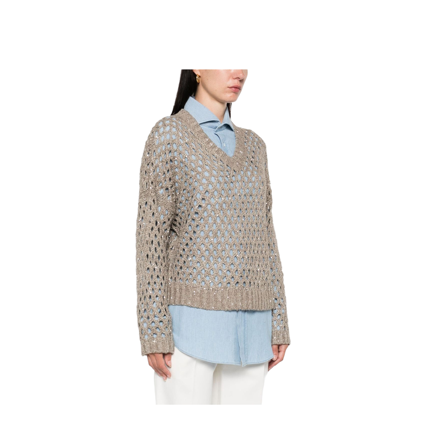 Open-knit V-necked Sweater