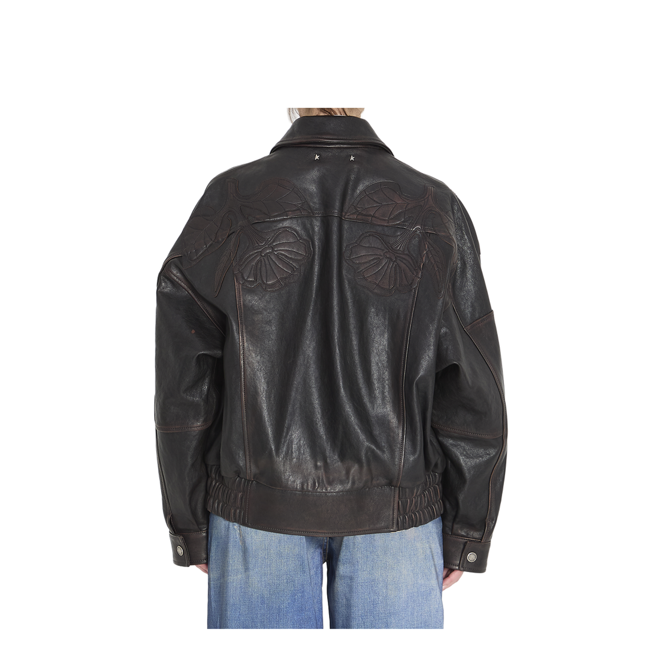 Leather Bomber Jacket with Floral Embroidery