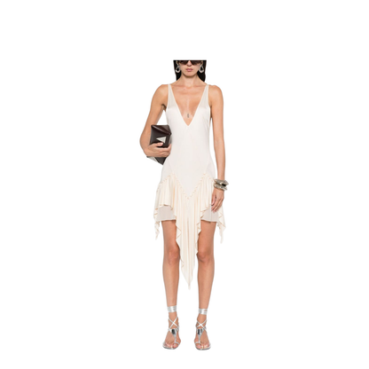 Ivory Ruffled Hem Asymmetric Cut Sleeveless V-Neck Top