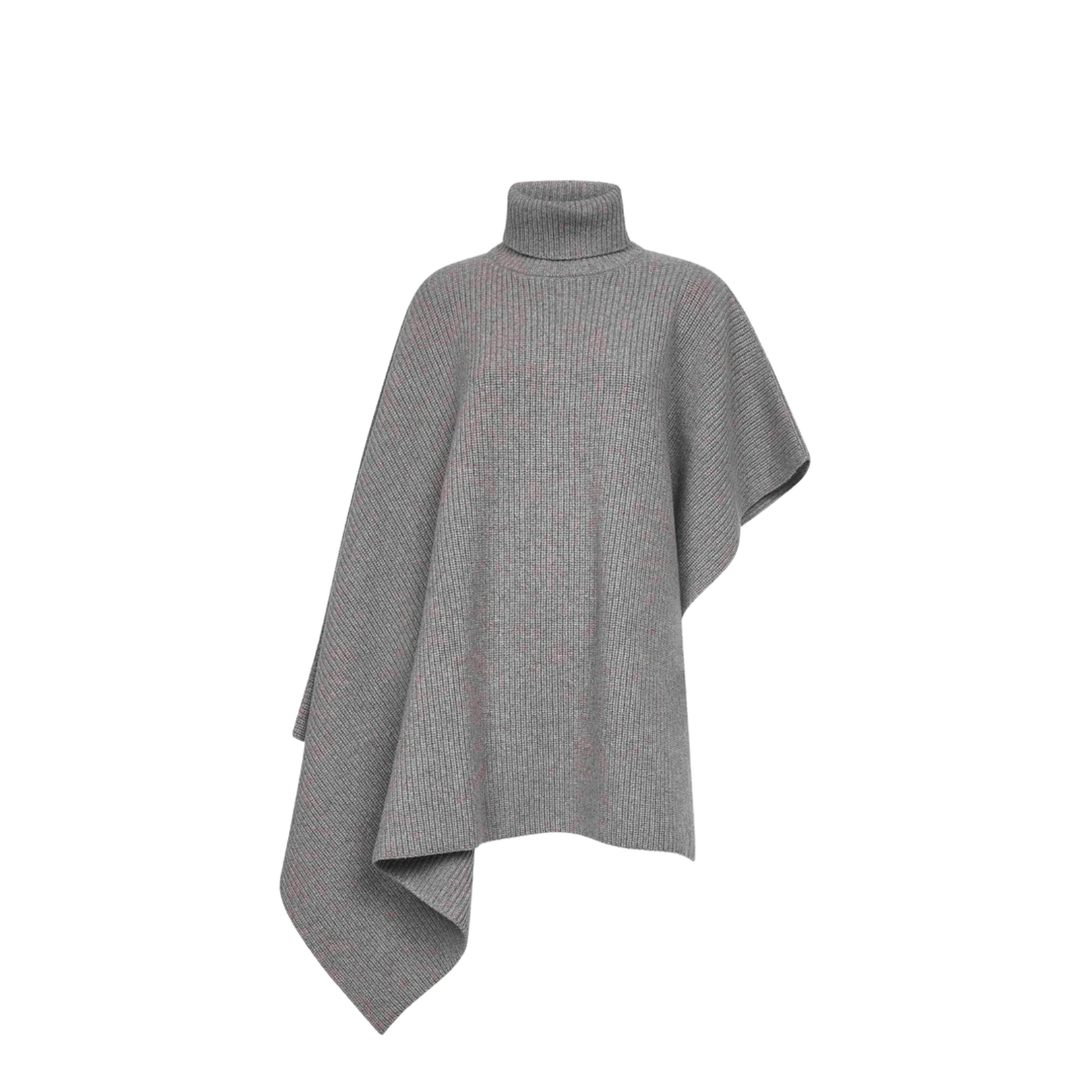 Grey Melange Knit Asymmetric Turtleneck Poncho