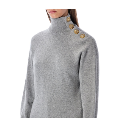 Grey High-Neck Wool Sweater With Gold Buttons