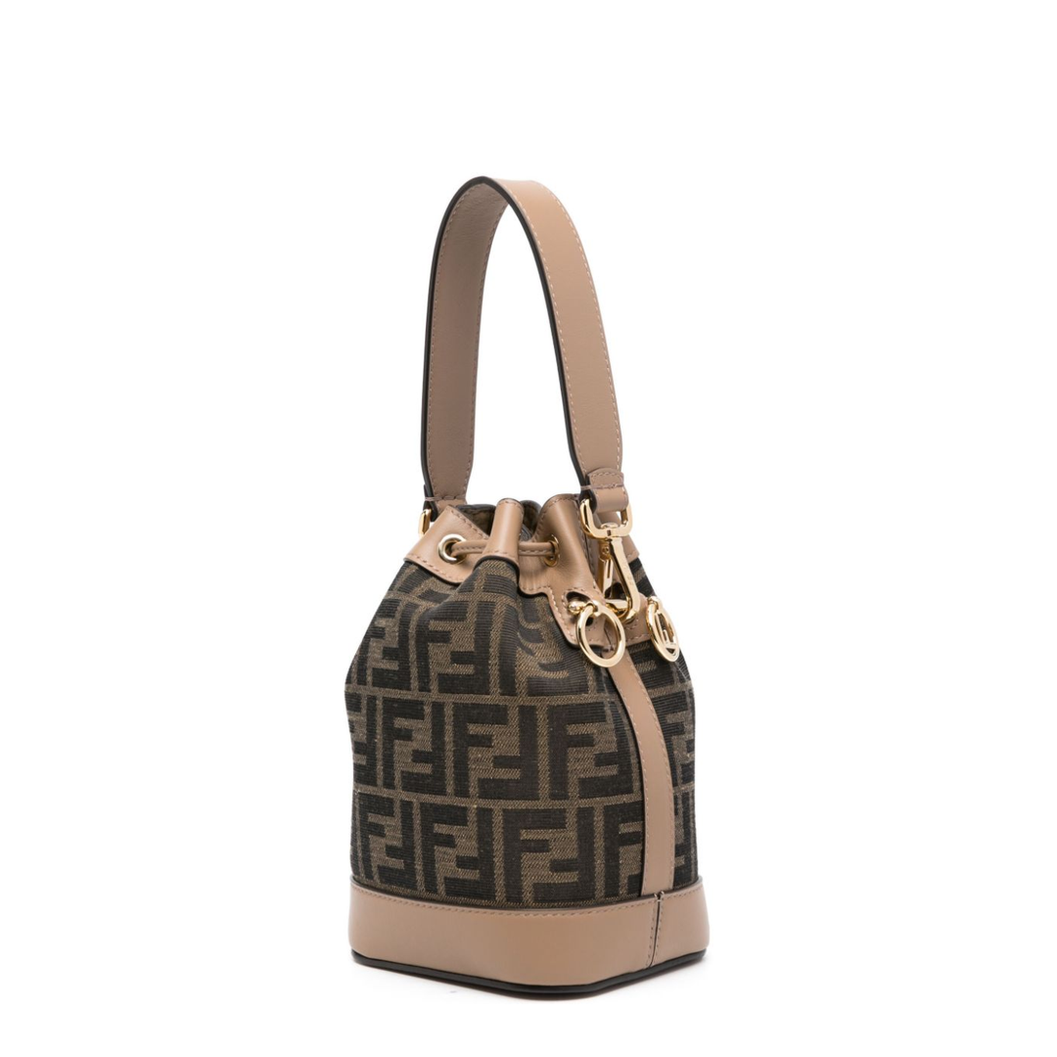 Brown Beige Canvas Leather Trim Drawstring Bag