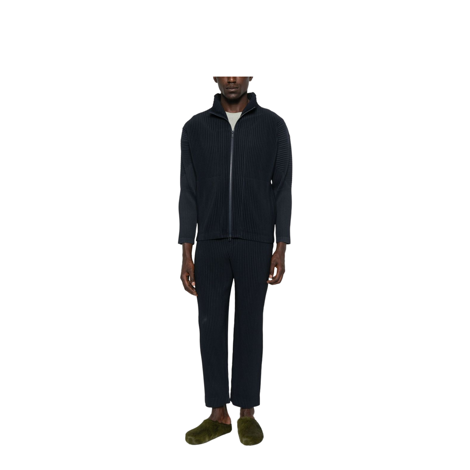 Pleated Texture Zip Fastening Stand Collar Regular Fit