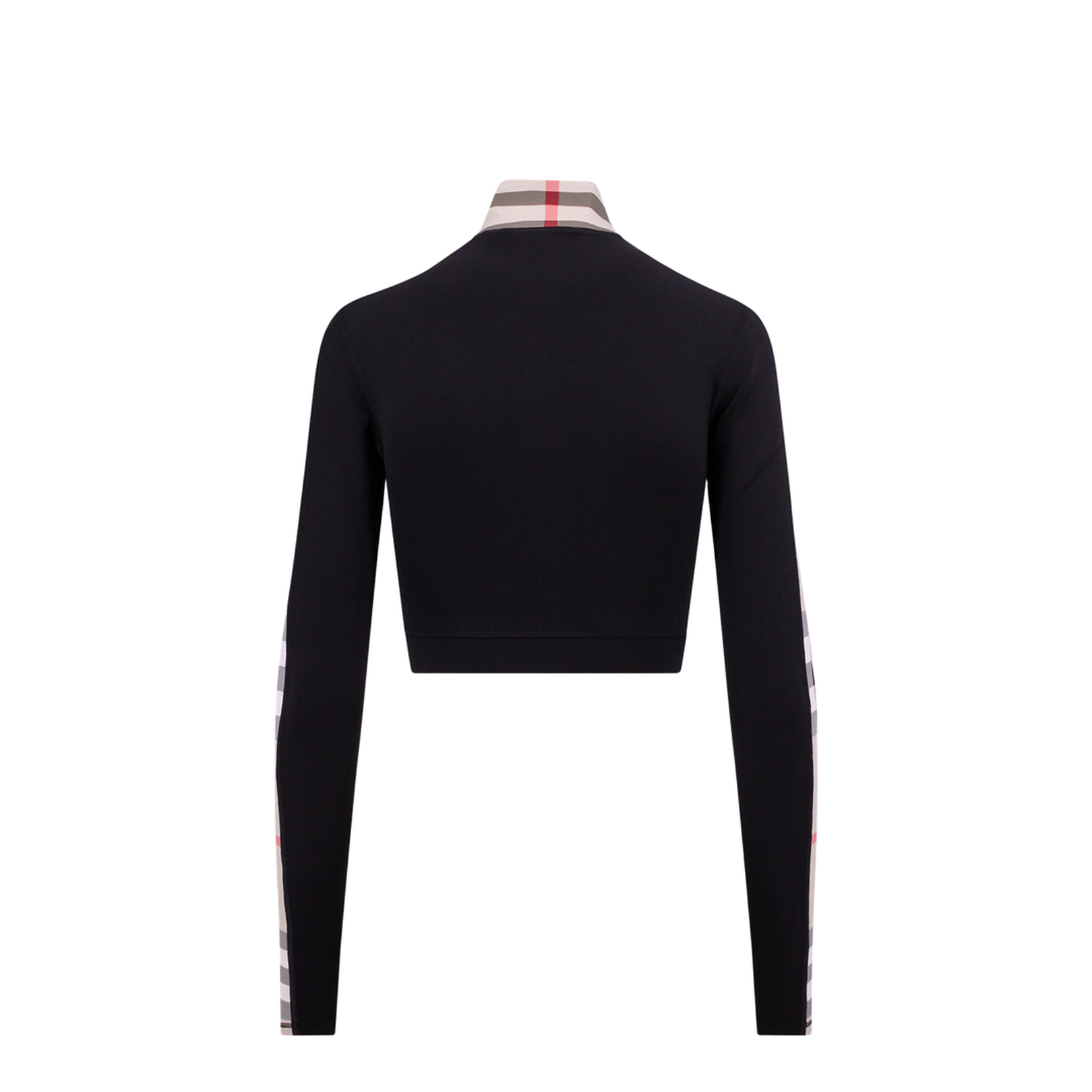 Cropped Check Trim Stretch Jersey Zip Top in Black