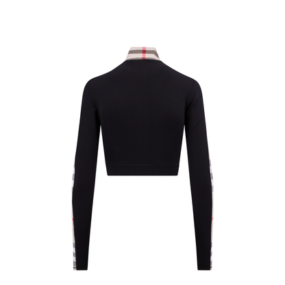Cropped Check Trim Stretch Jersey Zip Top in Black