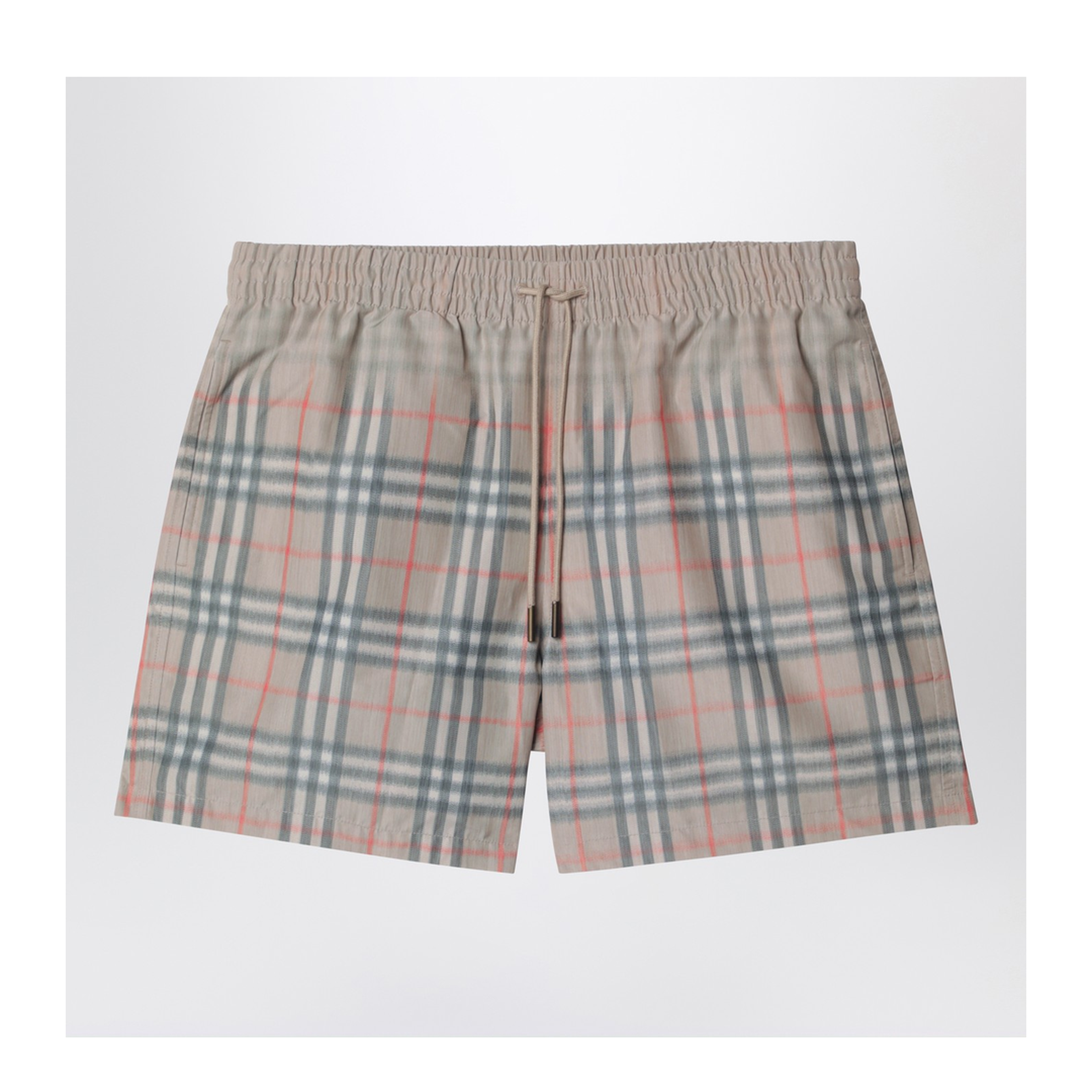 Beige Swim Shorts with Faded Check Pattern