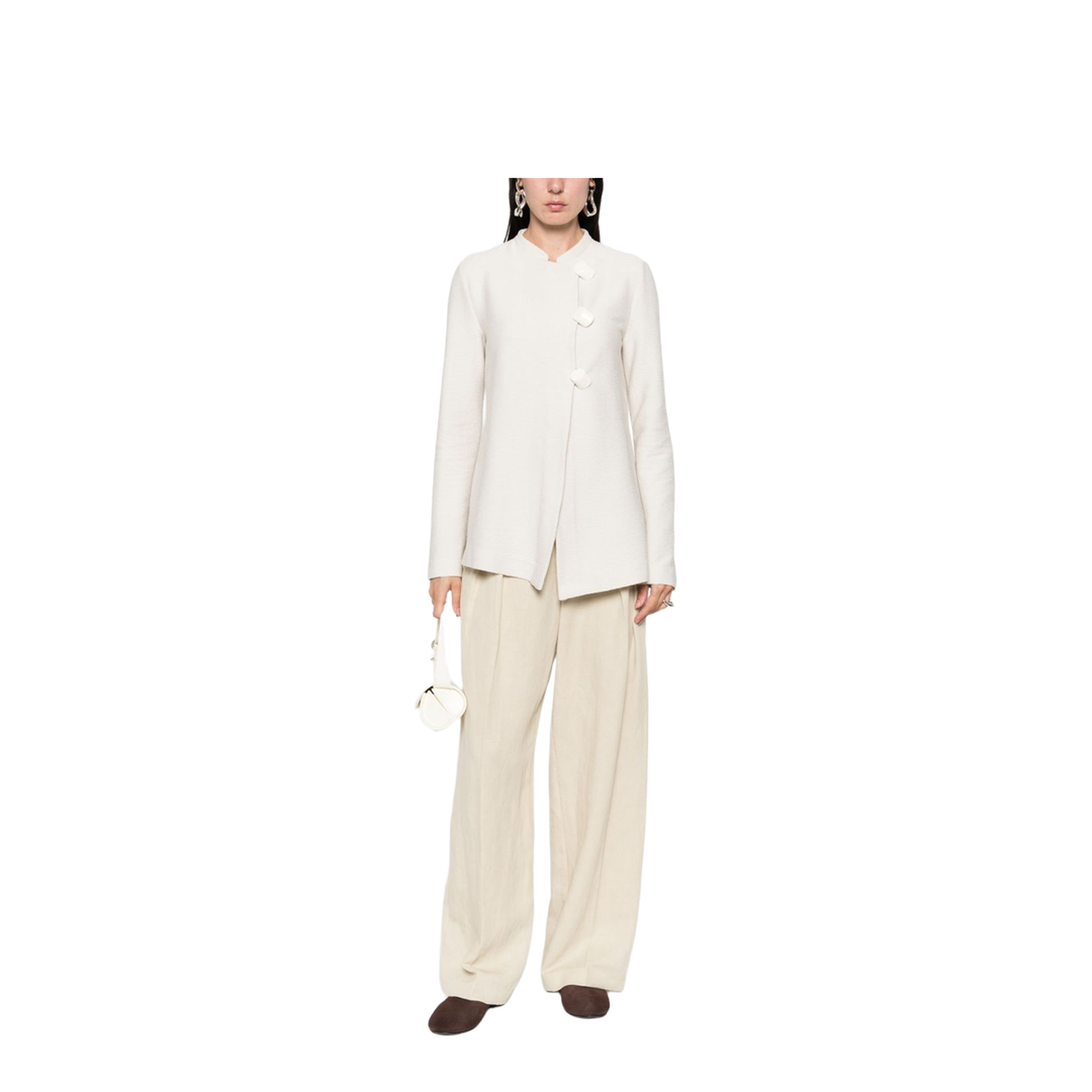Ivory Button Fastening Round Neck Long Sleeves