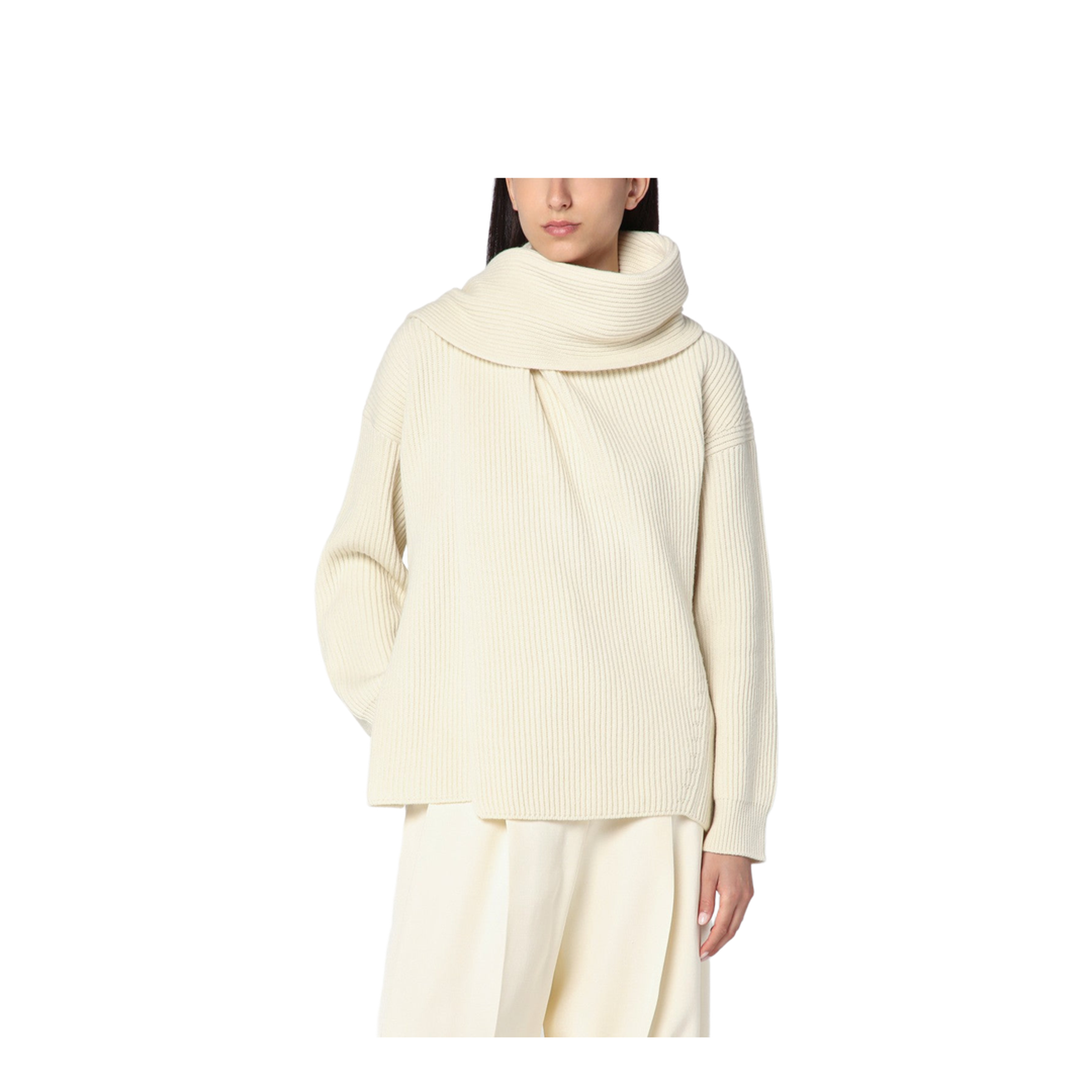 Beige Scarf-Detail Sweater