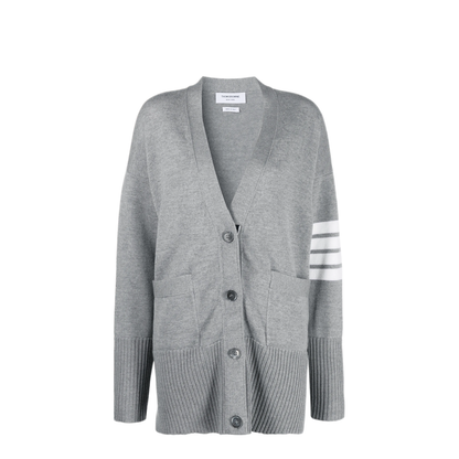 MAYFEYR - Thom Browne - Exaggerated Fit V Neck Cardigan With 4 Bar Stripe In Fine Merino Wool - FKC402AY1002055