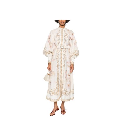Cream Floral Baroque Linen Maxi Dress