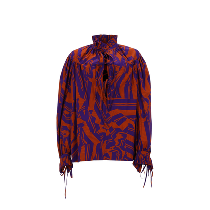 Loose Shirt with Ruffle Details and Crushed Stripe Print