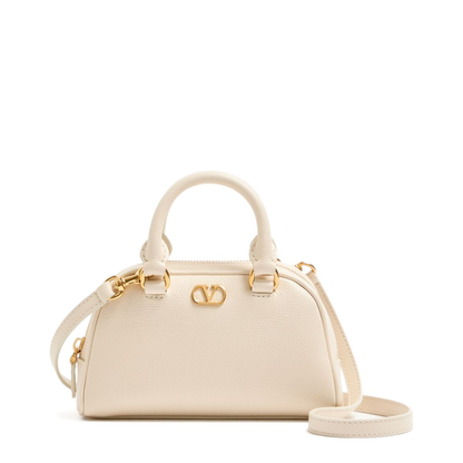 VLogo Signature Mini Grainy Calfskin Bowling Bag - Light Ivory