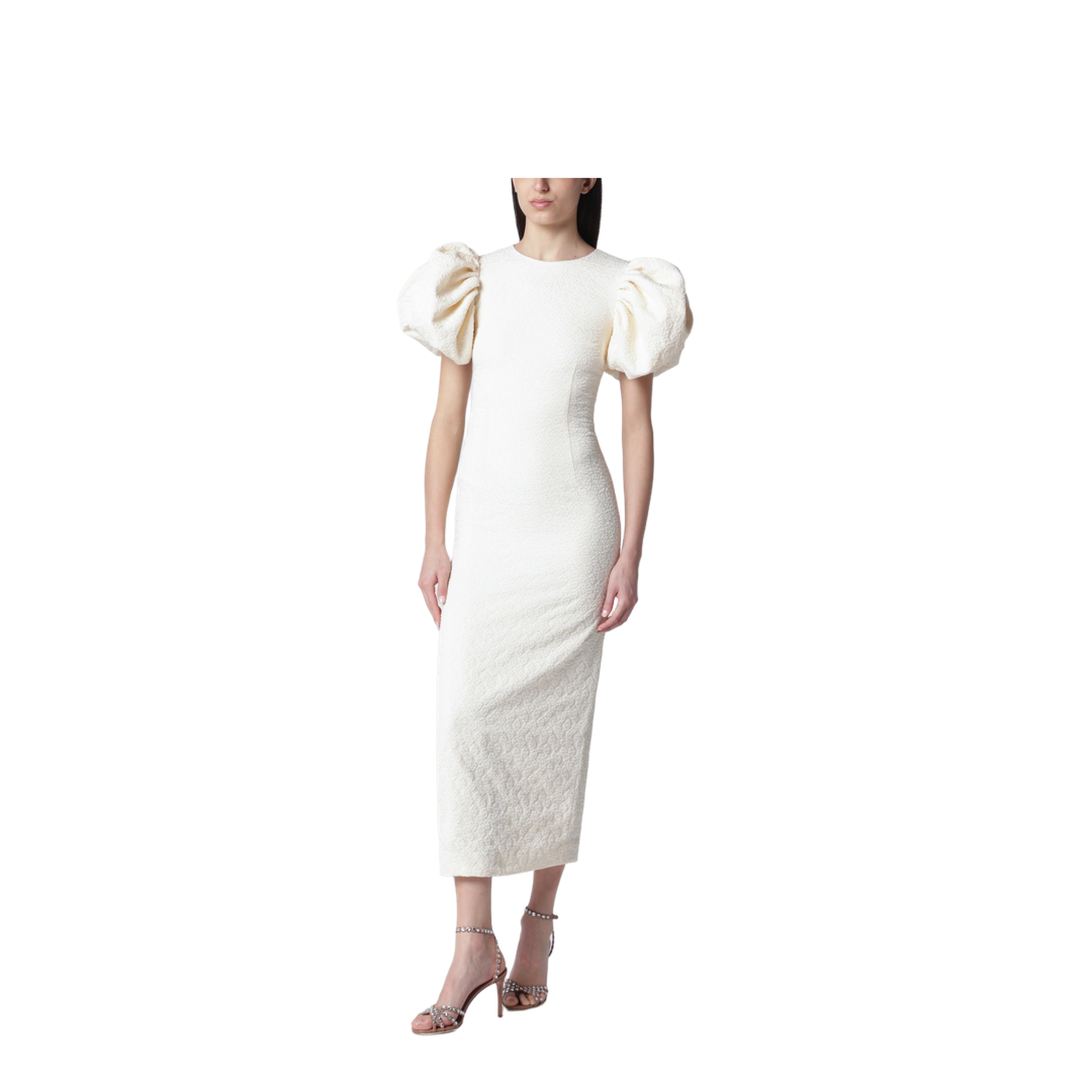Midi Balloon Jacquard Dress in White
