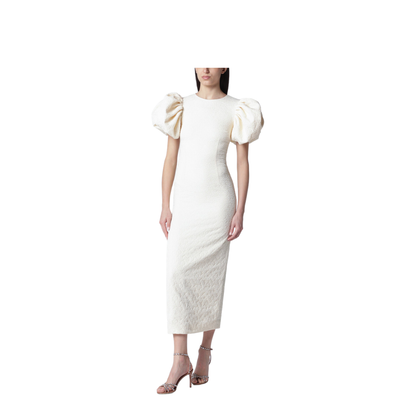 Midi Balloon Jacquard Dress in White