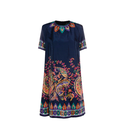 Blue Paisley-print Habotai Silk Tunic Short Dress