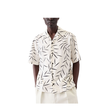 Cream Black Leaf Pattern Camp Collar Shirt