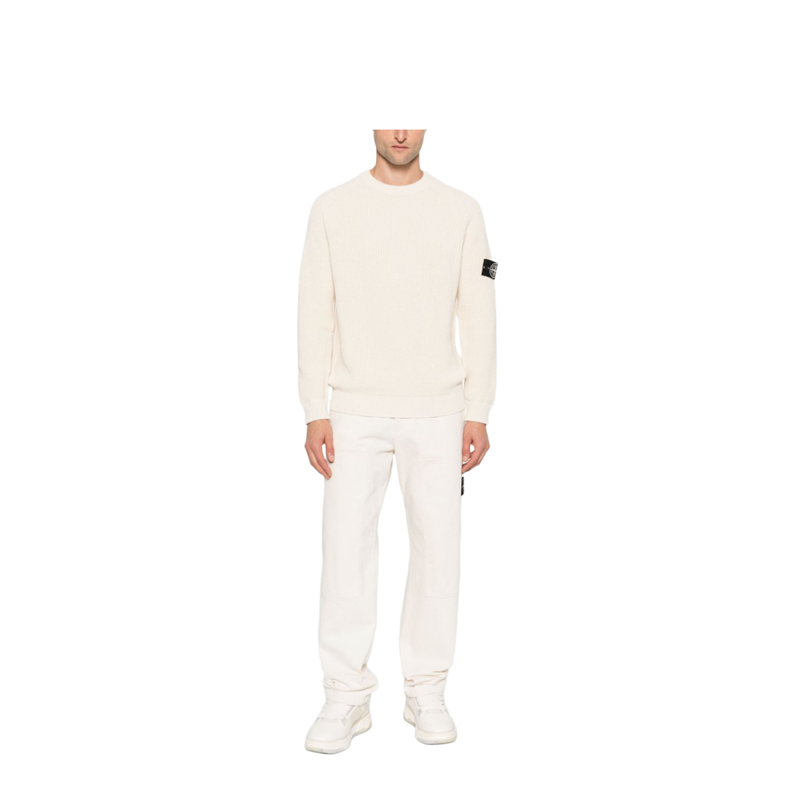 Beige Ribbed Knit Crew Neck Long Sleeves Compass Badge Cotton
