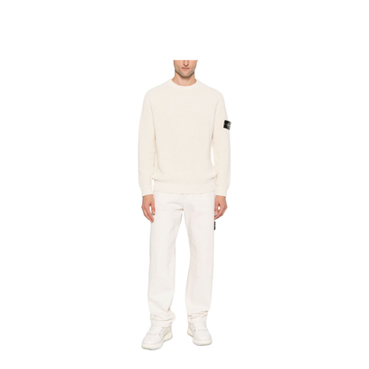 Beige Ribbed Knit Crew Neck Long Sleeves Compass Badge Cotton