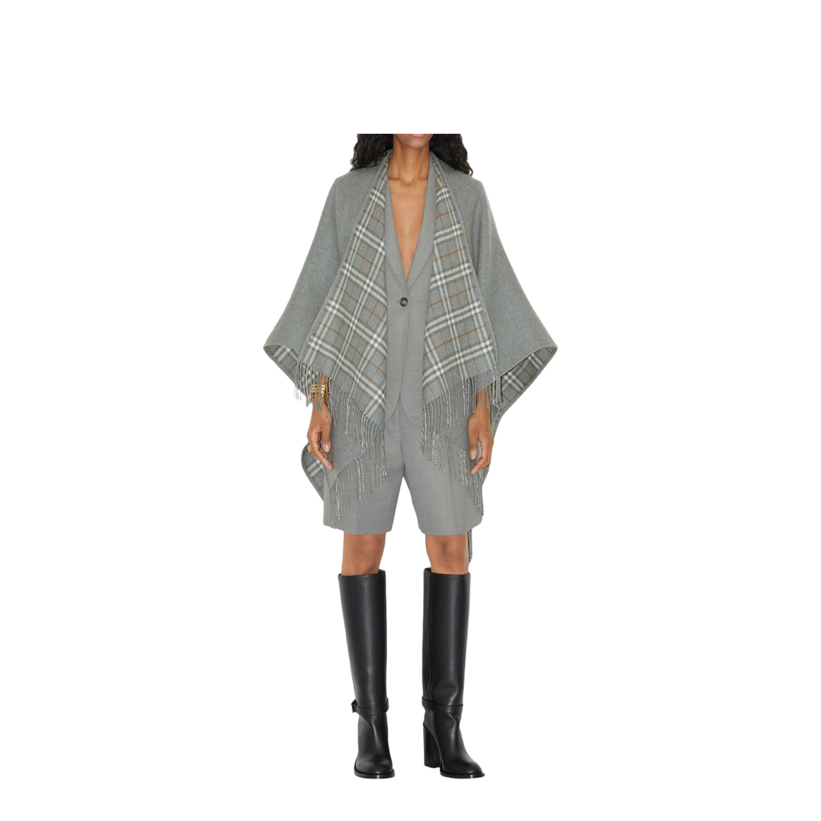 Check Wool Cape Jacket - Grey