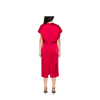 Satin V-necked Midi Dress - Red